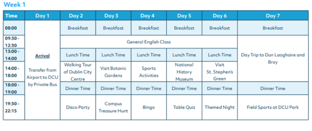 Program orientativ școală de vară Dublin